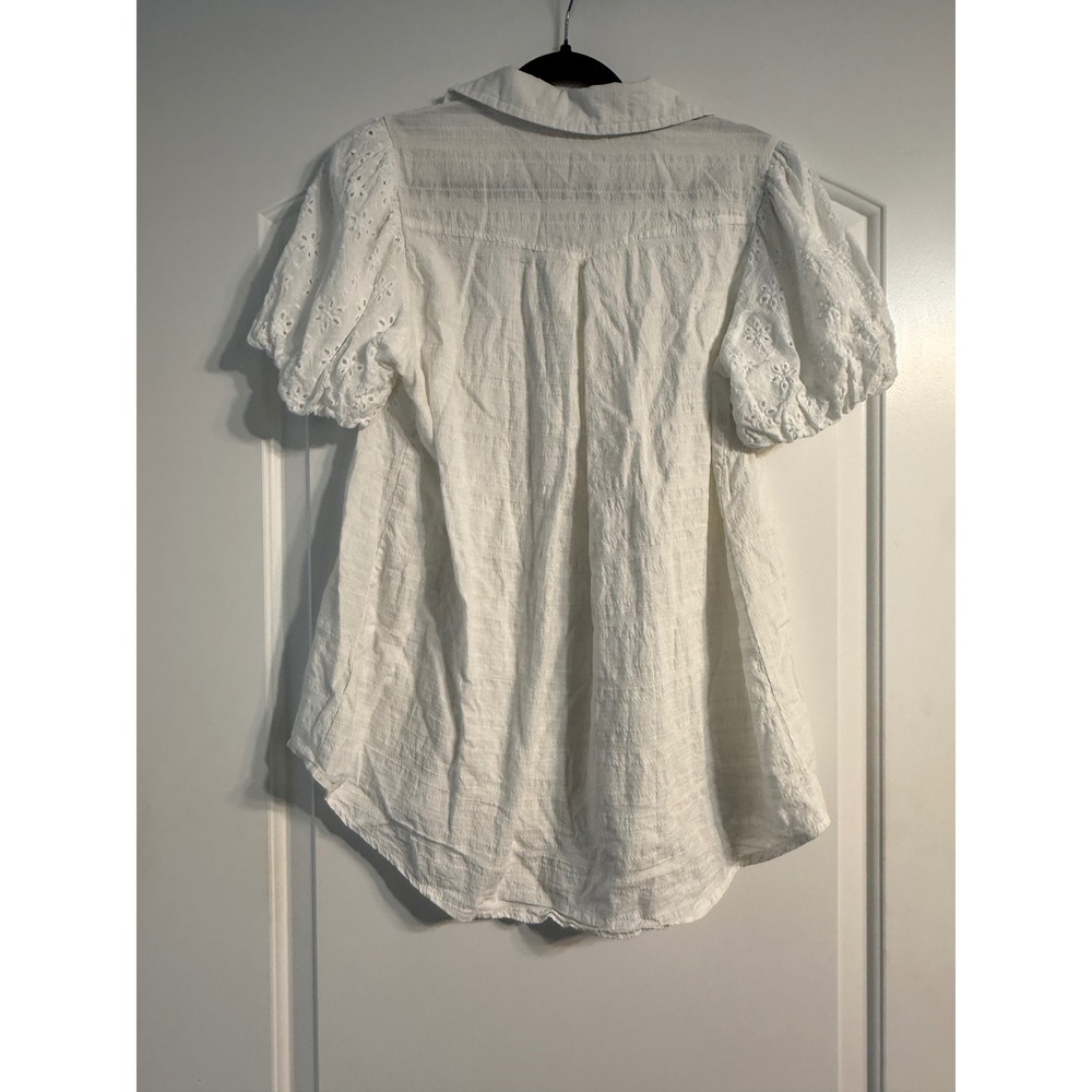 Umgee Eyelet Babydoll Top M White Puff Sleeve Button Front Boho Festival Airy - Picture 5 of 7